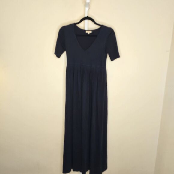 Demylee Women's XS Navy Blue Short Sleeve V-Neck Maxi Dress 100% Cotton - Picture 1 of 12
